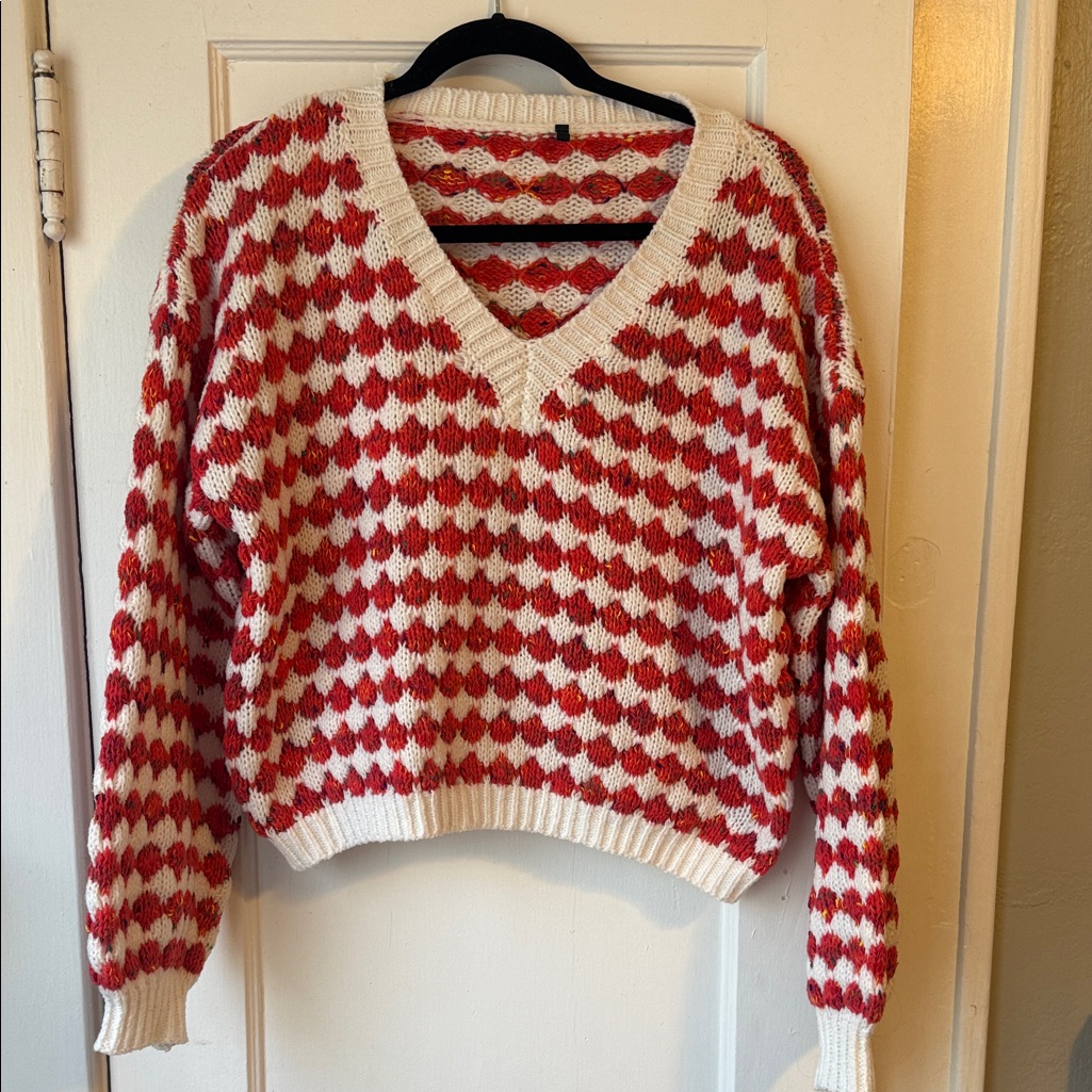 Red And White V-Neck Sweater